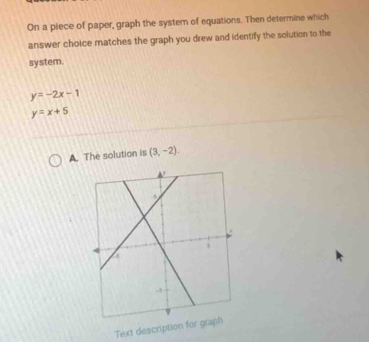 on a piece of paper, graph the system of equations. then determine whic…