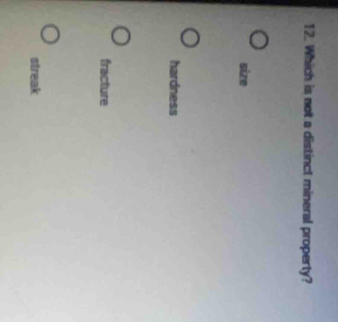 12. which is not a distinct mineral property? size hardness fracture st…
