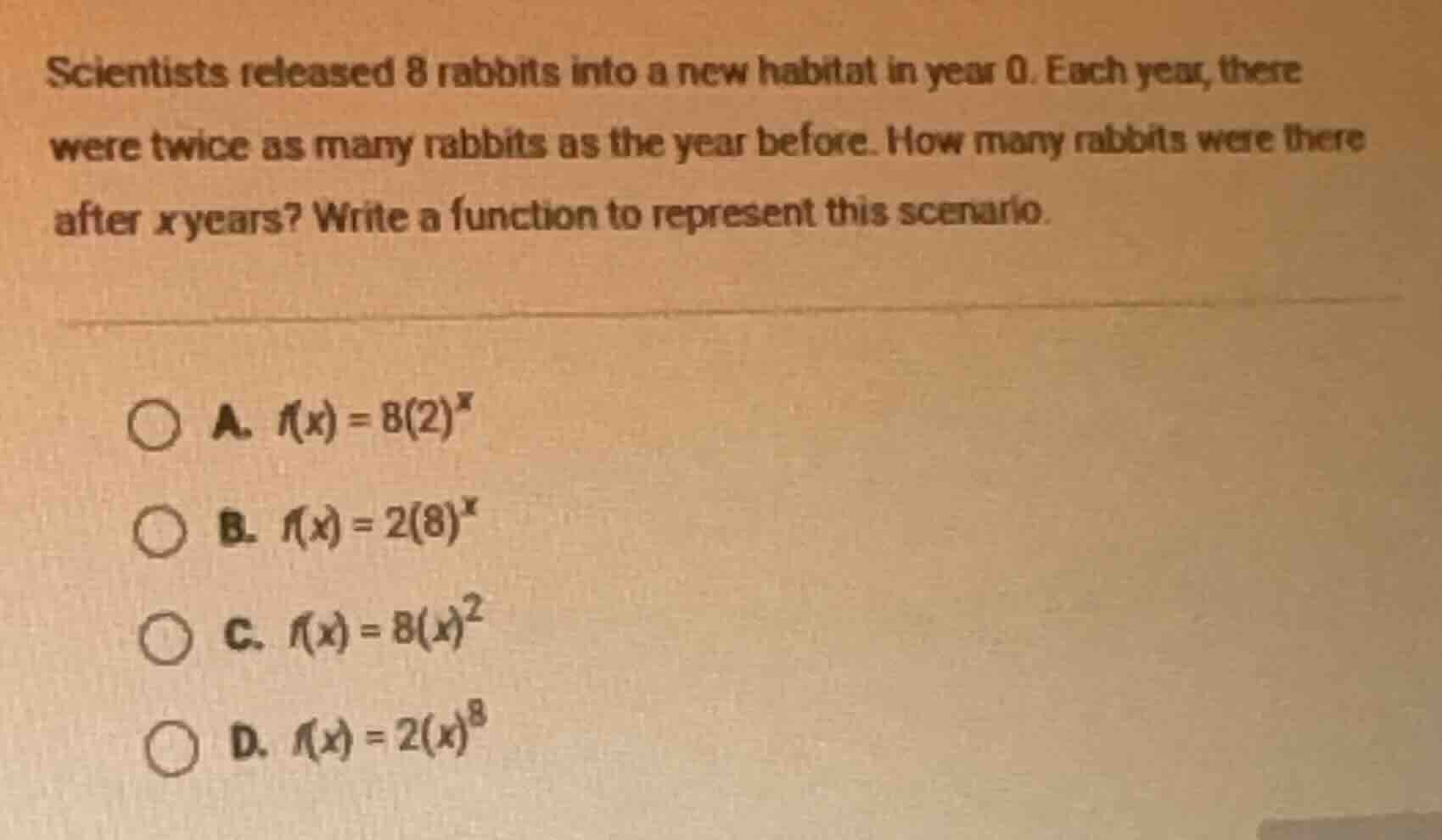 scientists released 8 rabbits into a new habitat in year 0. each year, …