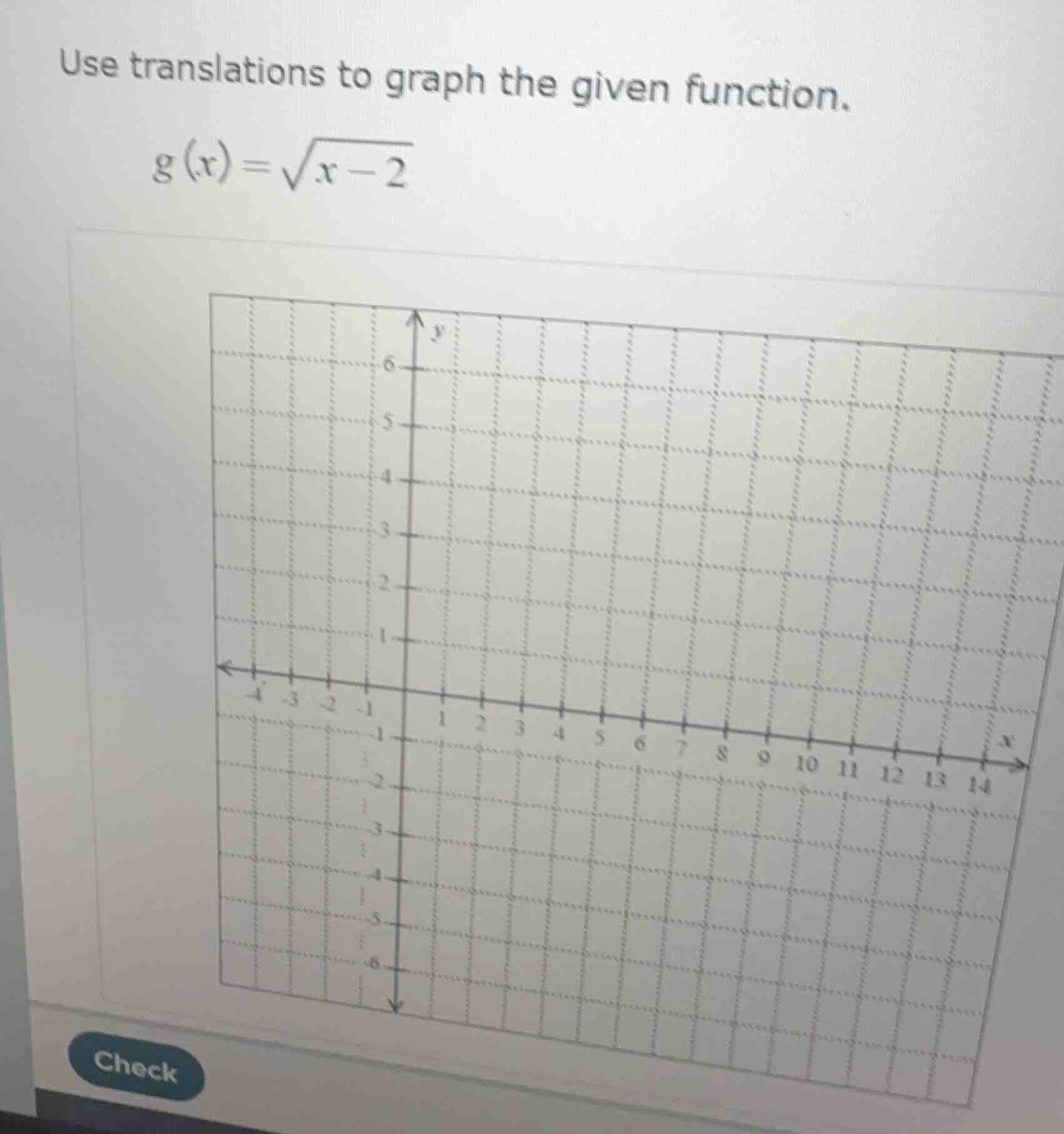 use translations to graph the given function. $g(x) = \\sqrt{x - 2}$