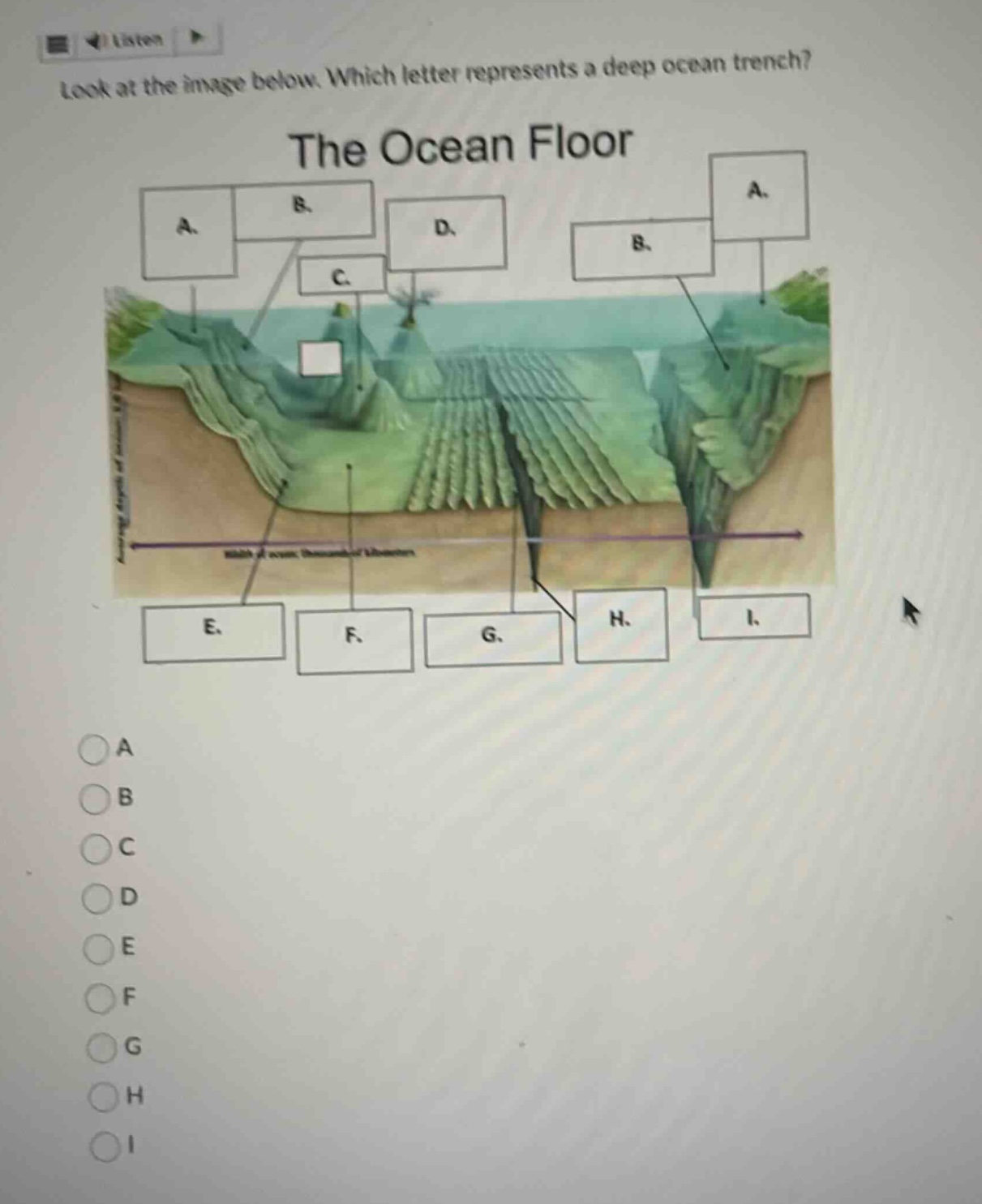 look at the image below. which letter represents a deep ocean trench? t…