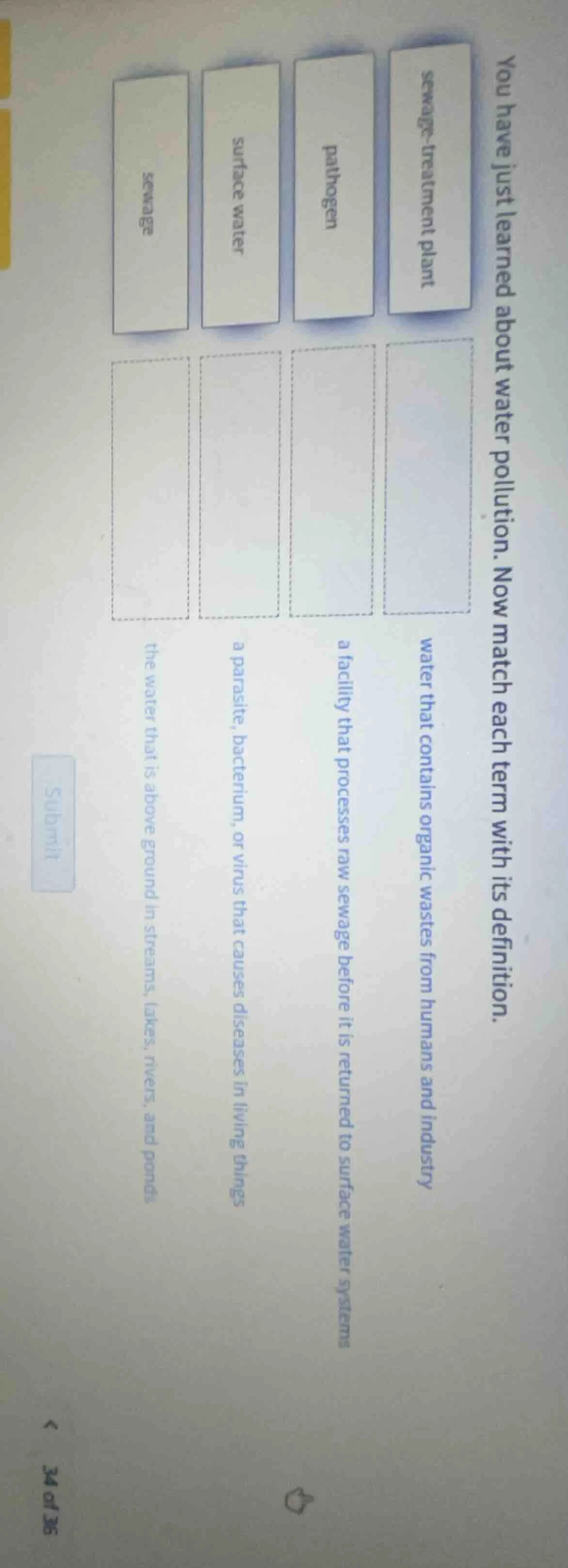 you have just learned about water pollution. now match each term with i…