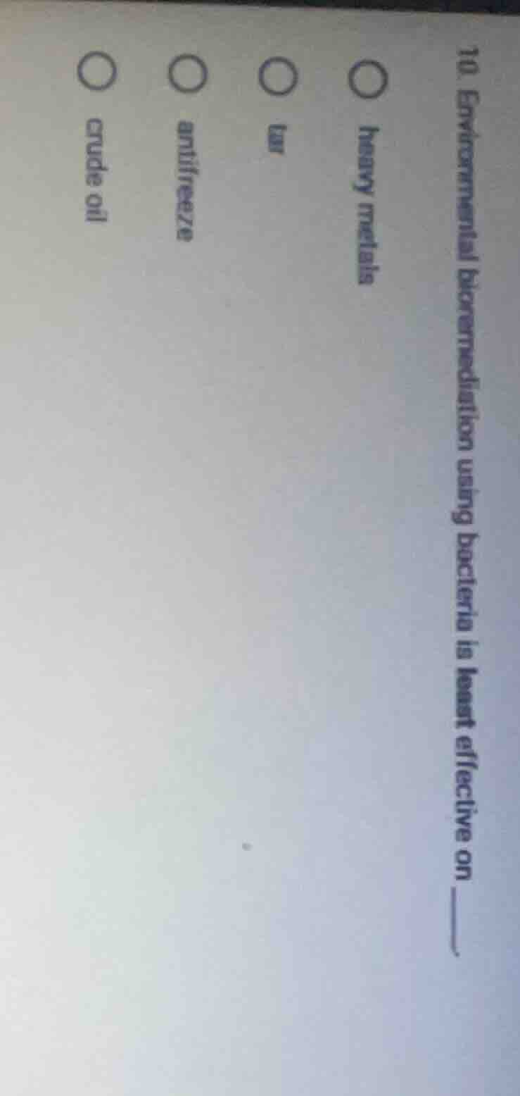 10. environmental bioremediation using bacteria is least effective on _…