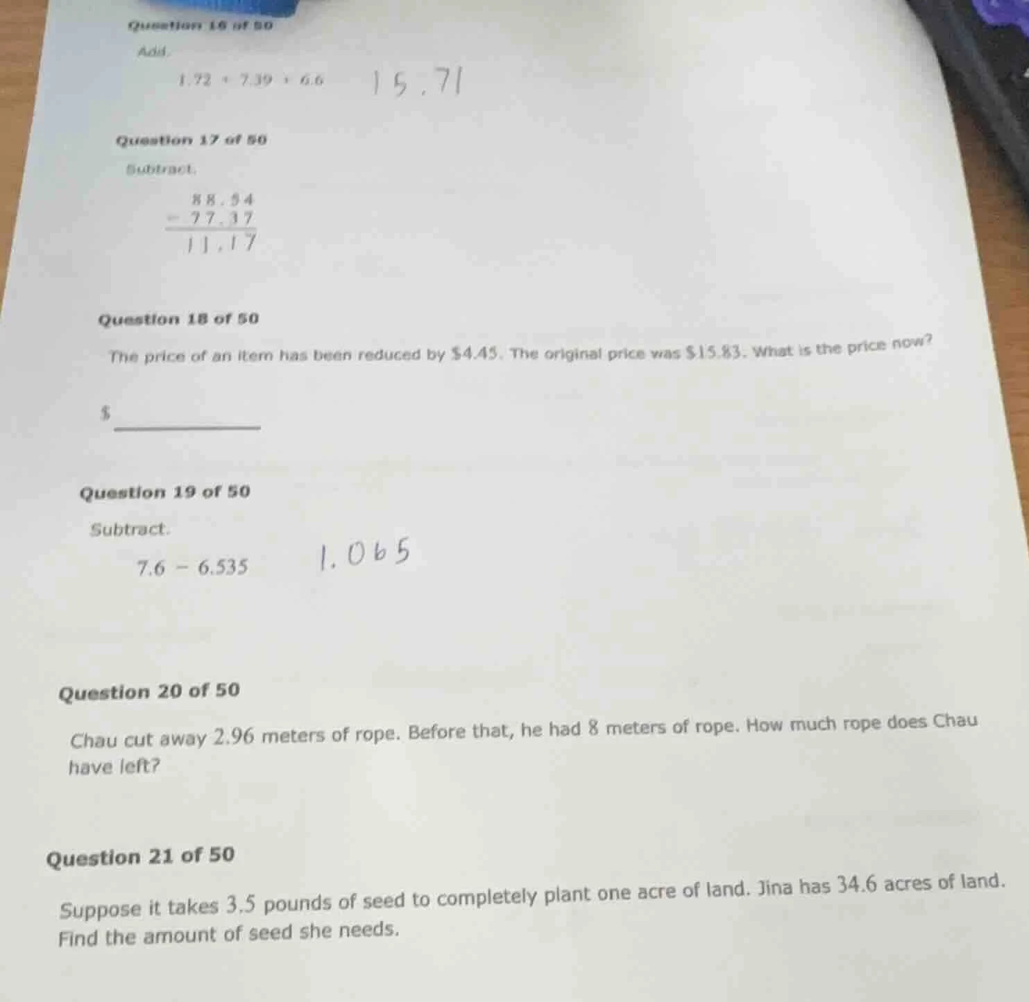 question 16 of 50 add. 1.72 + 7.39 + 6.6 question 17 of 50 subtract. \\…