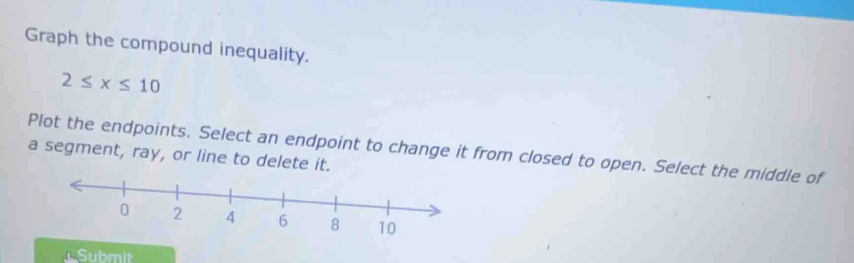 graph the compound inequality. 2 ≤ x ≤ 10 plot the endpoints. select an…