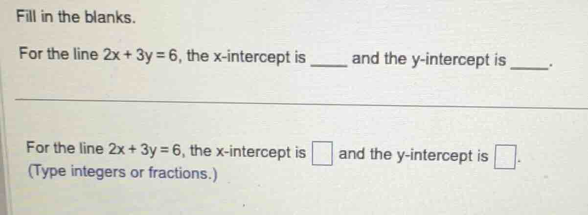 fill in the blanks. for the line 2x + 3y = 6, the x - intercept is ____…