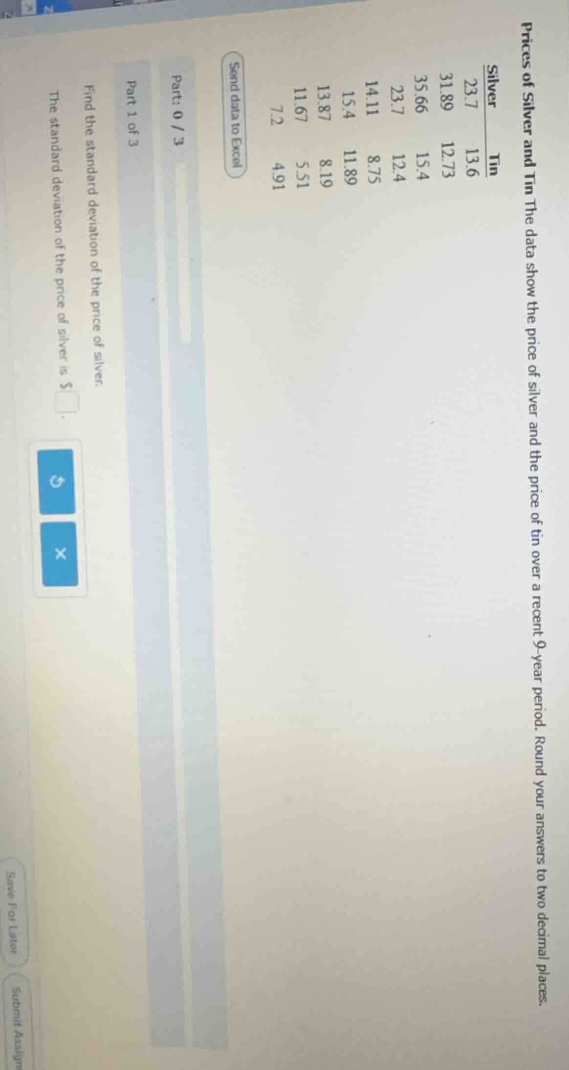 prices of silver and tin the data show the price of silver and the pric…