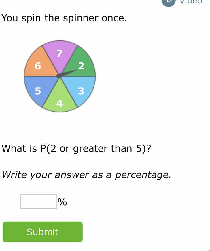 you spin the spinner once. what is p(2 or greater than 5)? write your a…