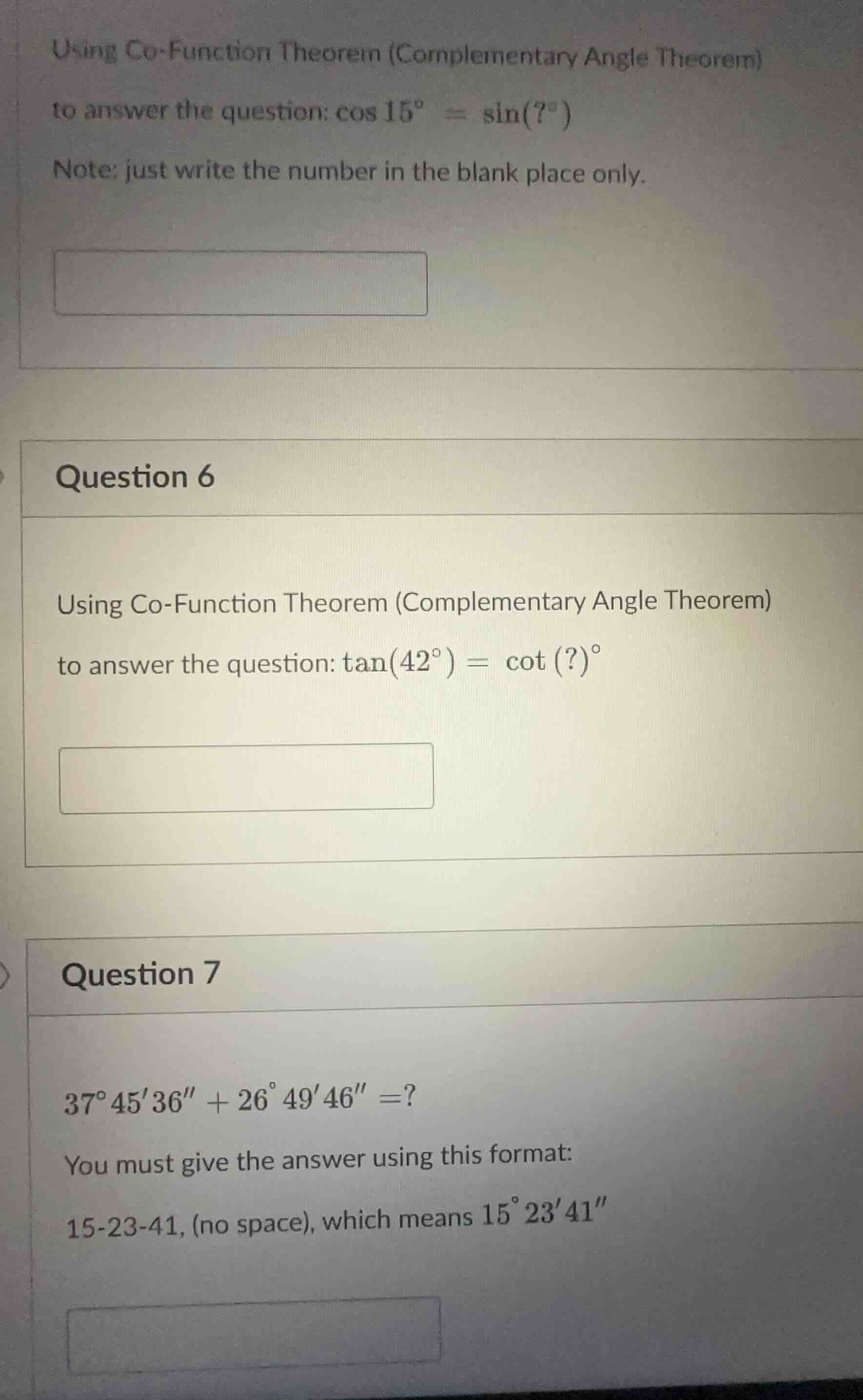 using co-function theorem (complementary angle theorem) to answer the q…