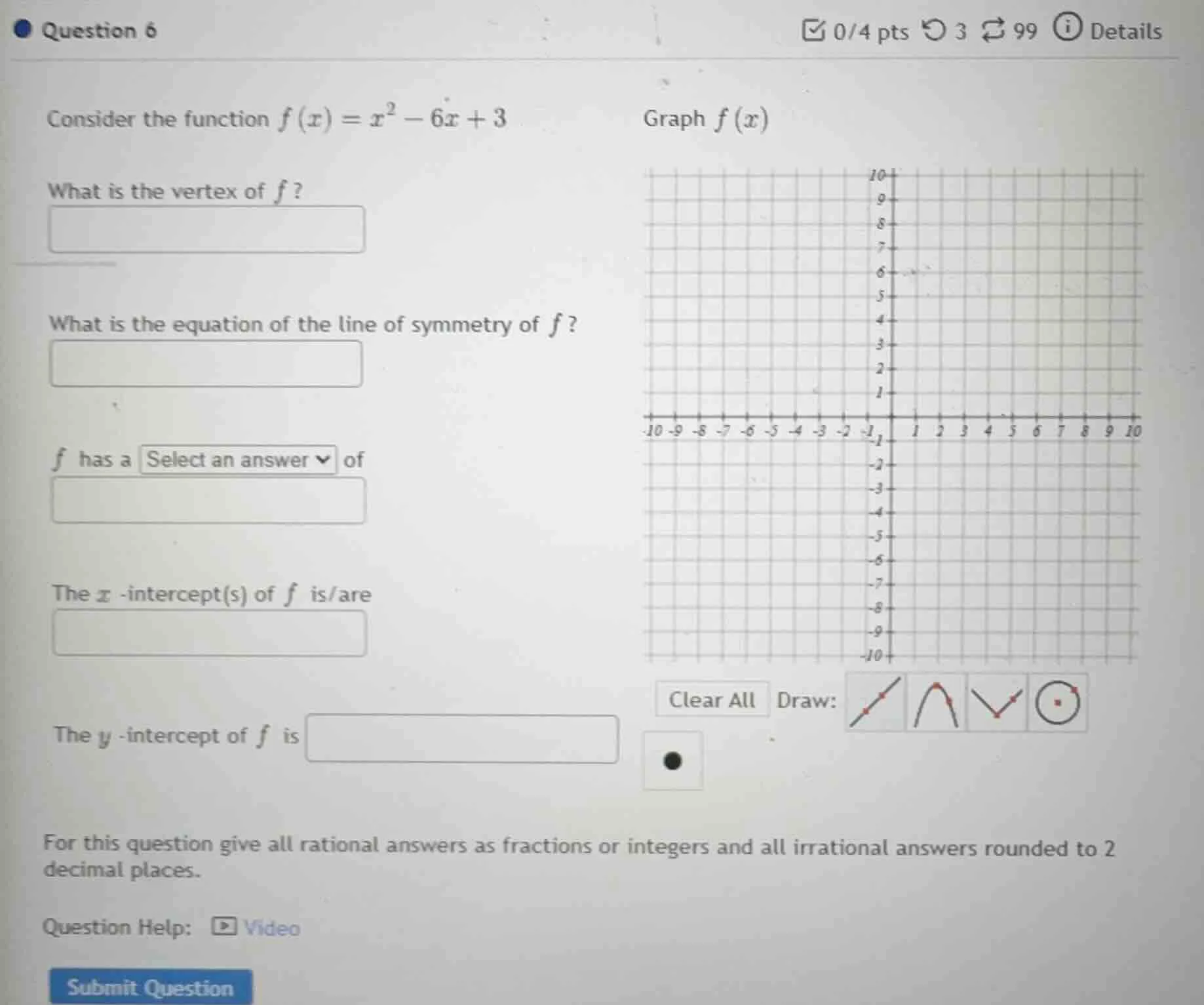 question 6 consider the function $f(x)=x^2 - 6x + 3$ graph $f(x)$ what …