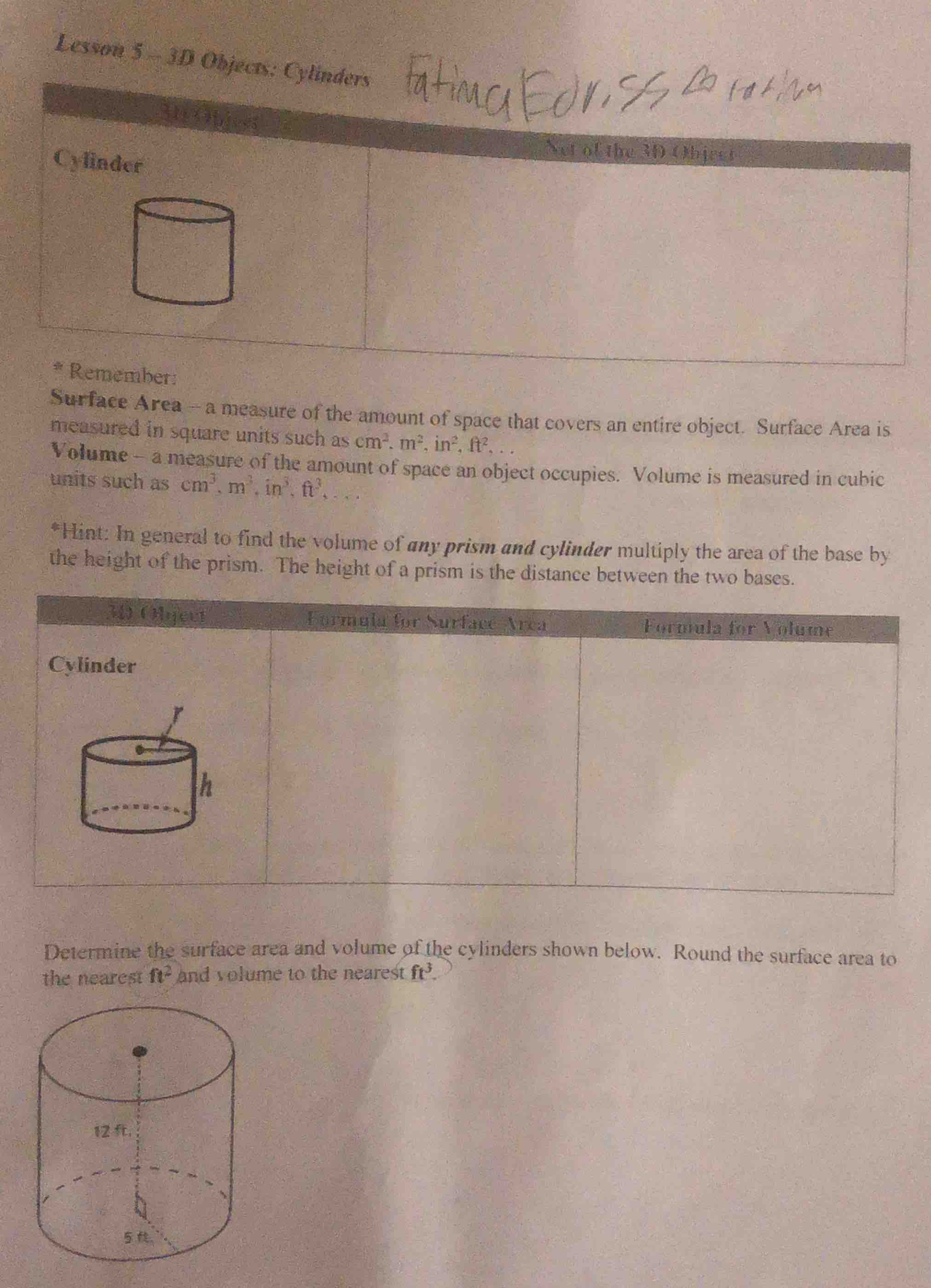 lesson 5 - 3d objects: cylinders * remember: surface area - a measure o…
