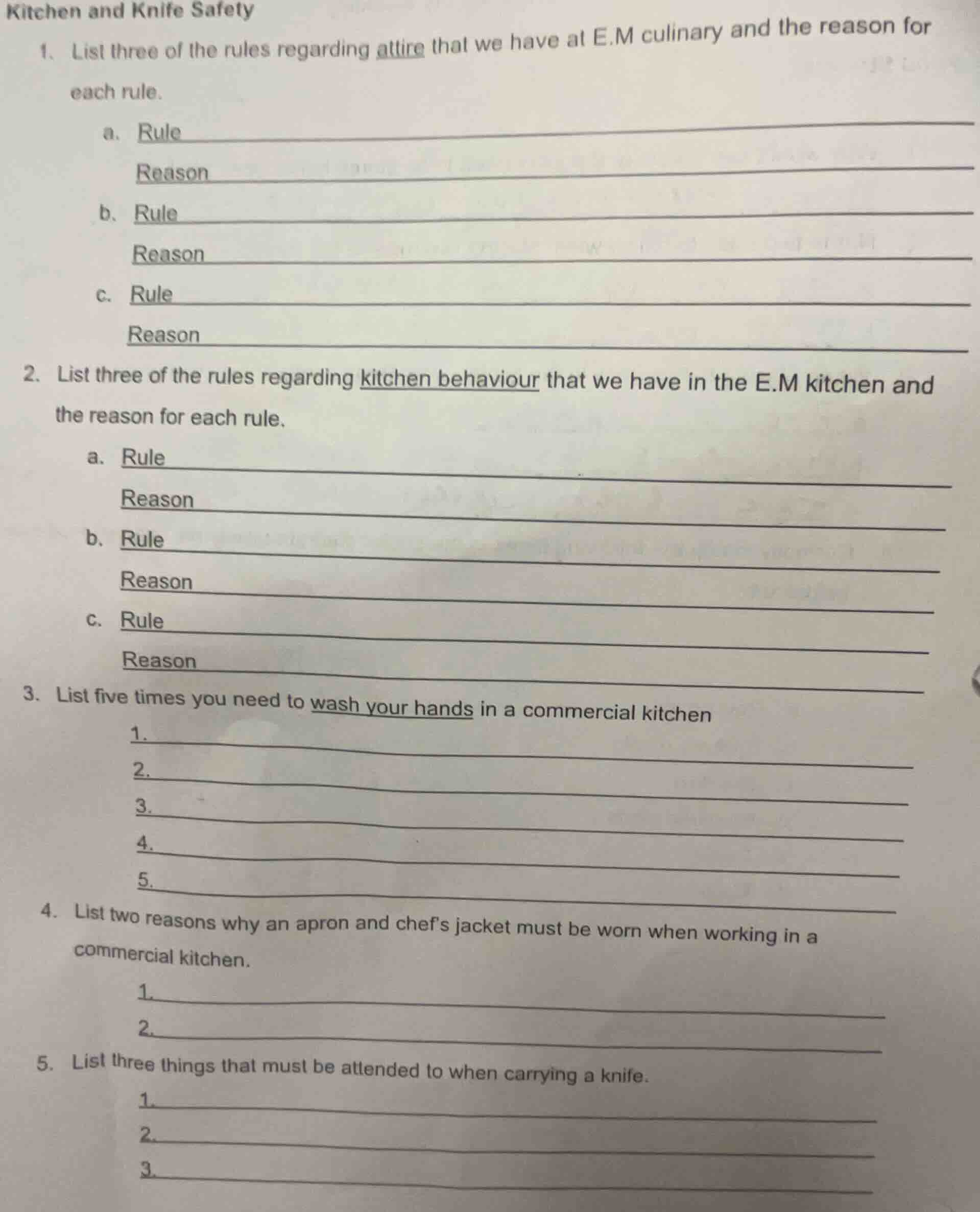 kitchen and knife safety 1. list three of the rules regarding attire th…