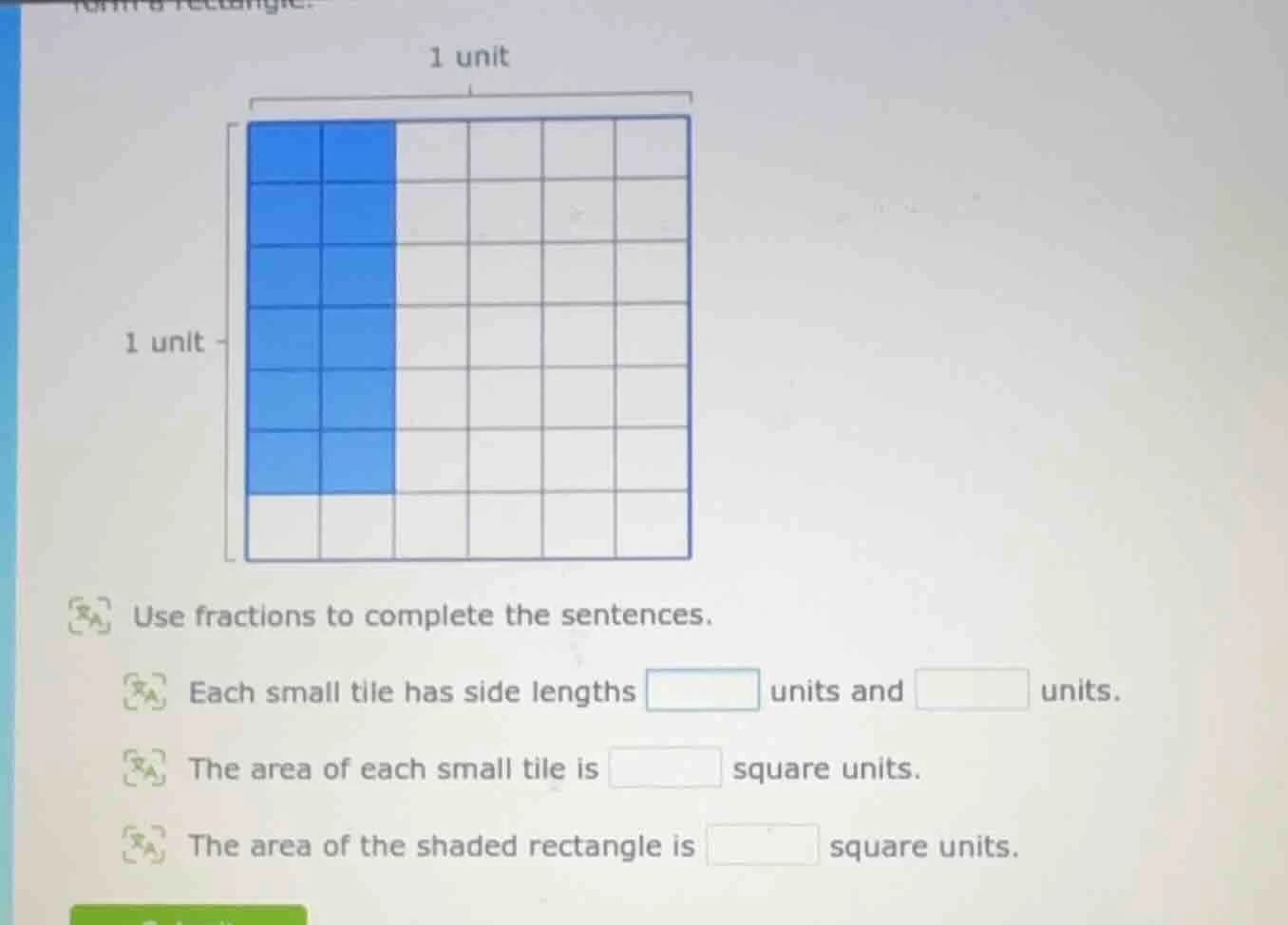 use fractions to complete the sentences. each small tile has side lengt…