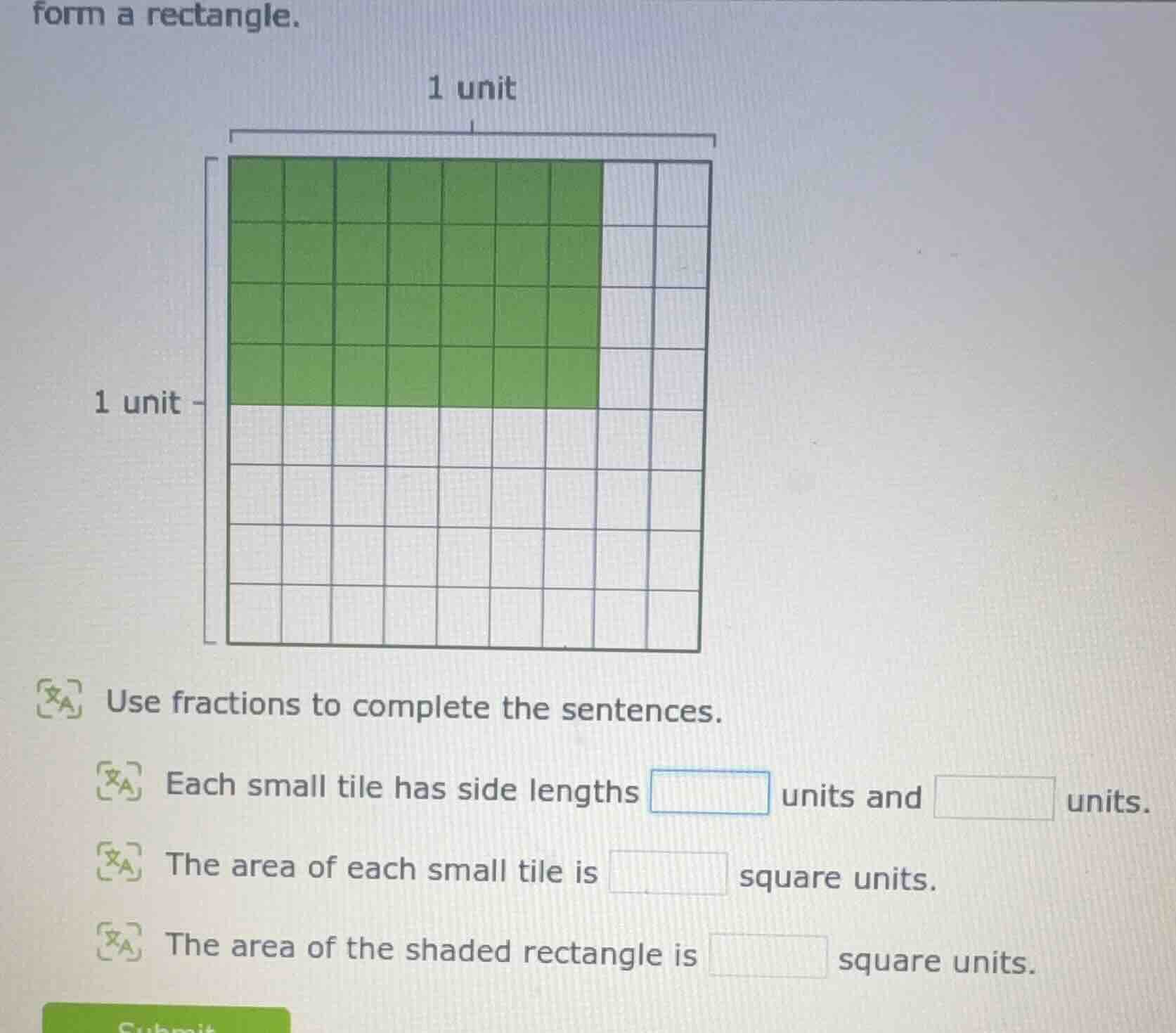 form a rectangle. use fractions to complete the sentences. each small t…