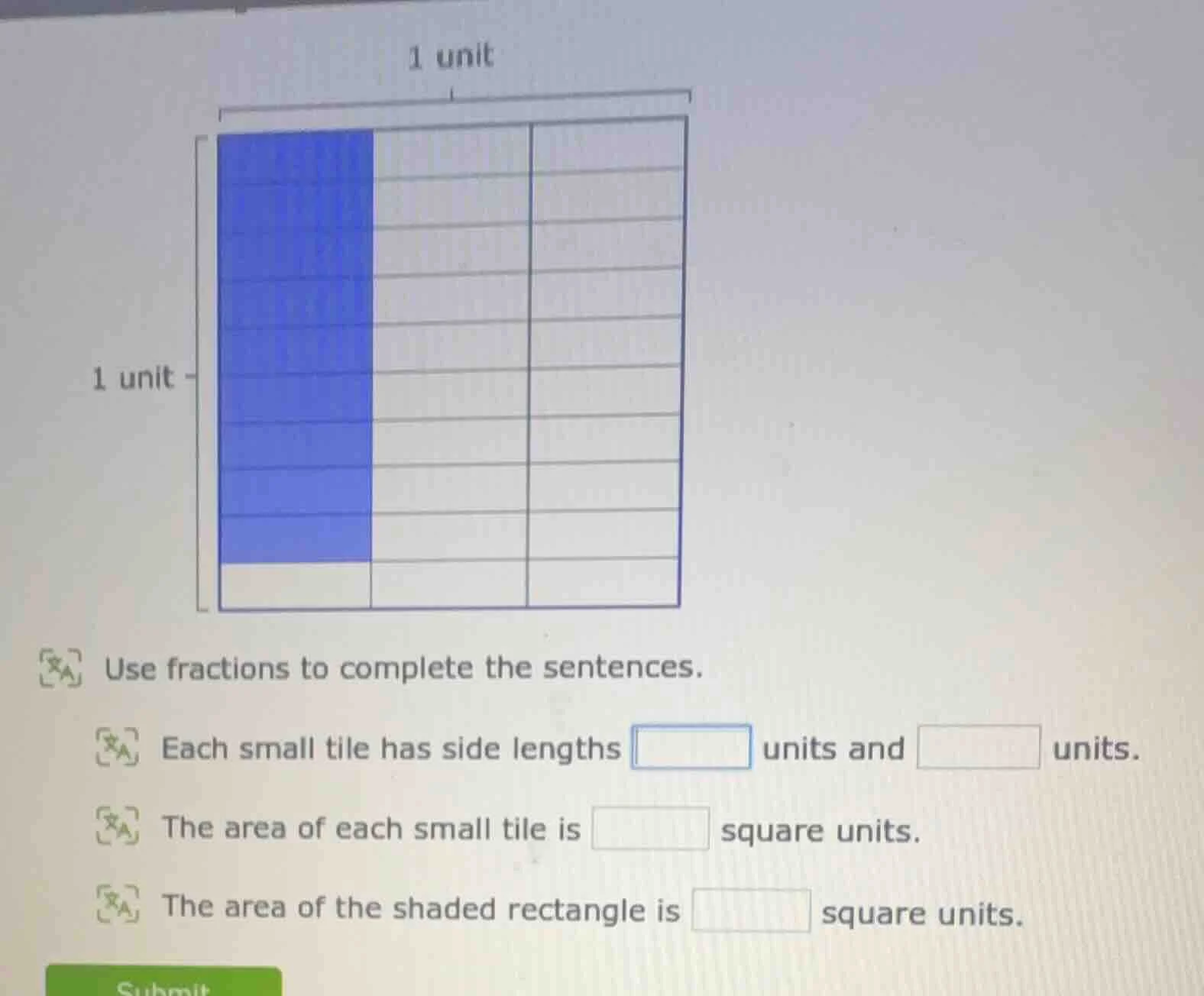 1 unit 1 unit use fractions to complete the sentences. each small tile …