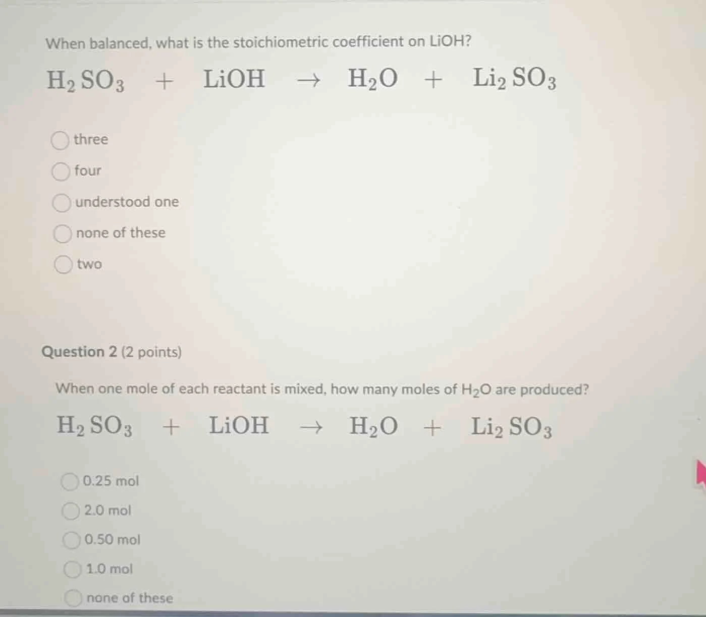 when balanced, what is the stoichiometric coefficient on lioh?\ $\\ce{h…