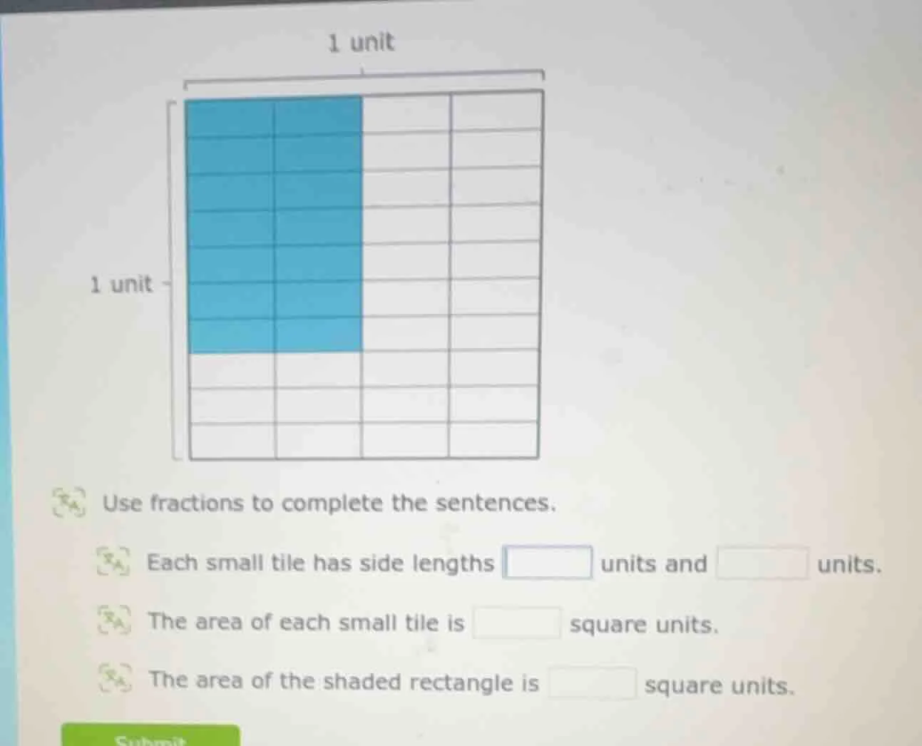 1 unit 1 unit use fractions to complete the sentences. each small tile …