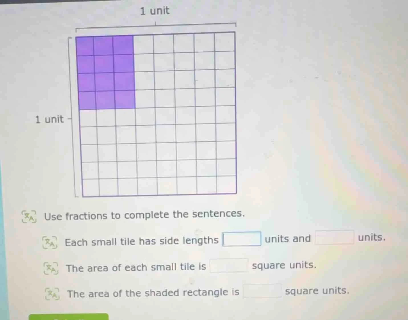 1 unit 1 unit use fractions to complete the sentences. each small tile …