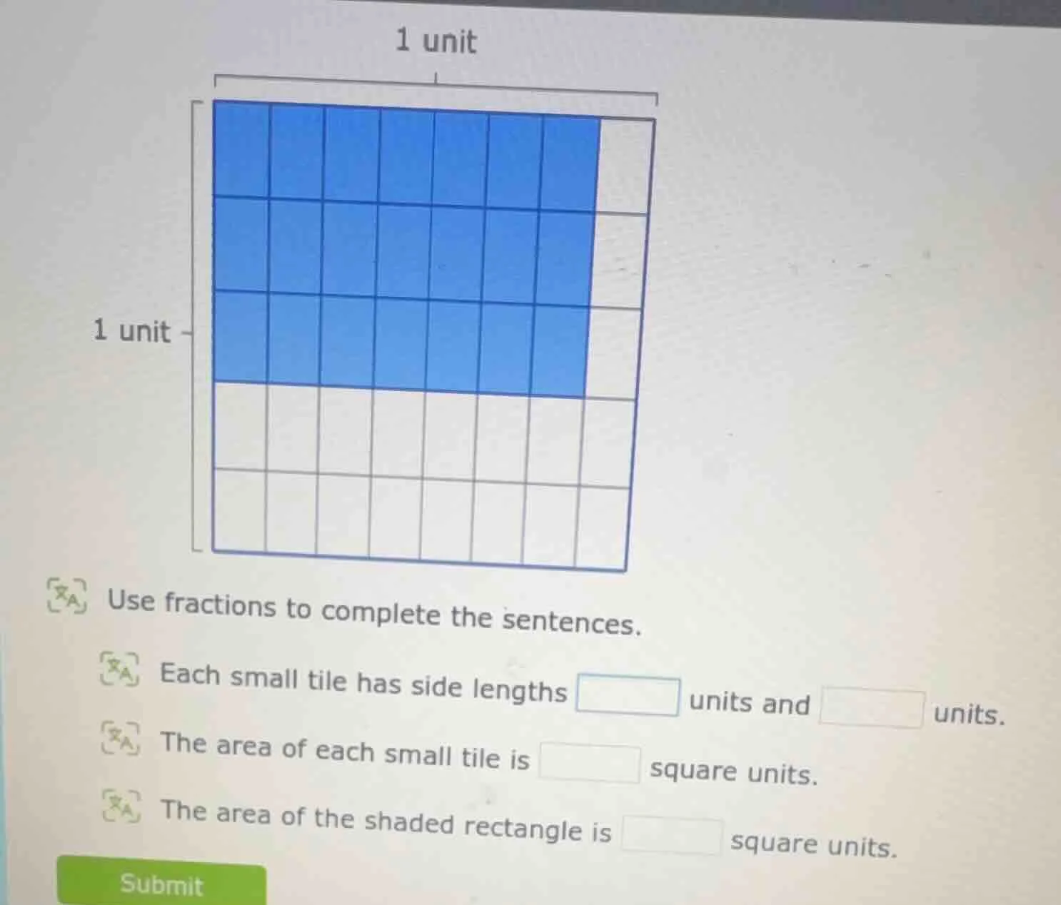 1 unit 1 unit use fractions to complete the sentences. each small tile …