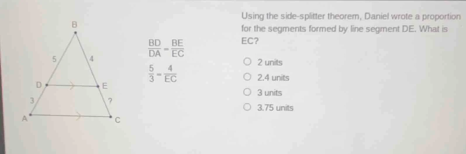 using the side - splitter theorem, daniel wrote a proportion for the se…