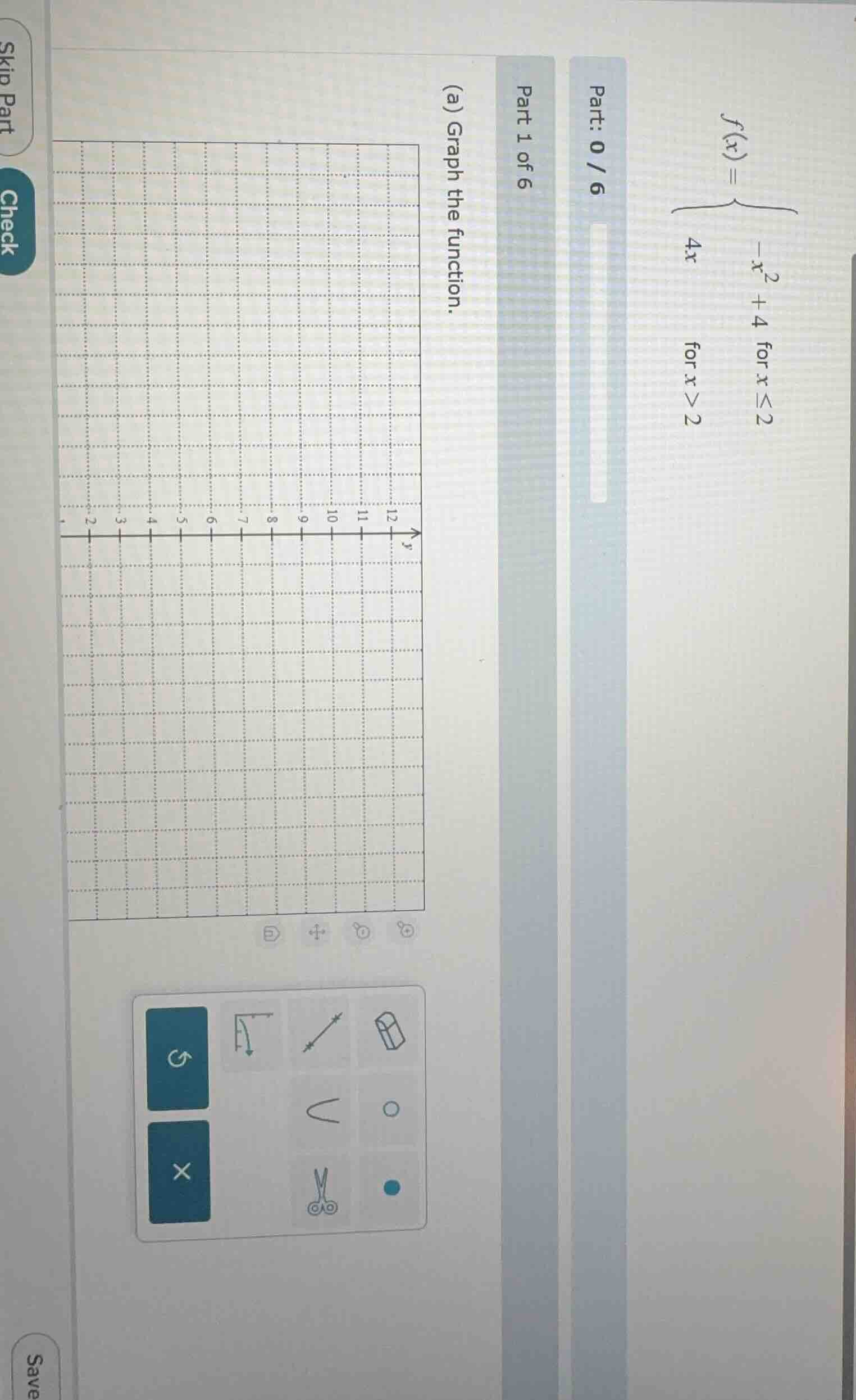 f(x) = \\begin{cases} -x^2 + 4 & \\text{for } x \\leq 2 \\\\ 4x & \\tex…