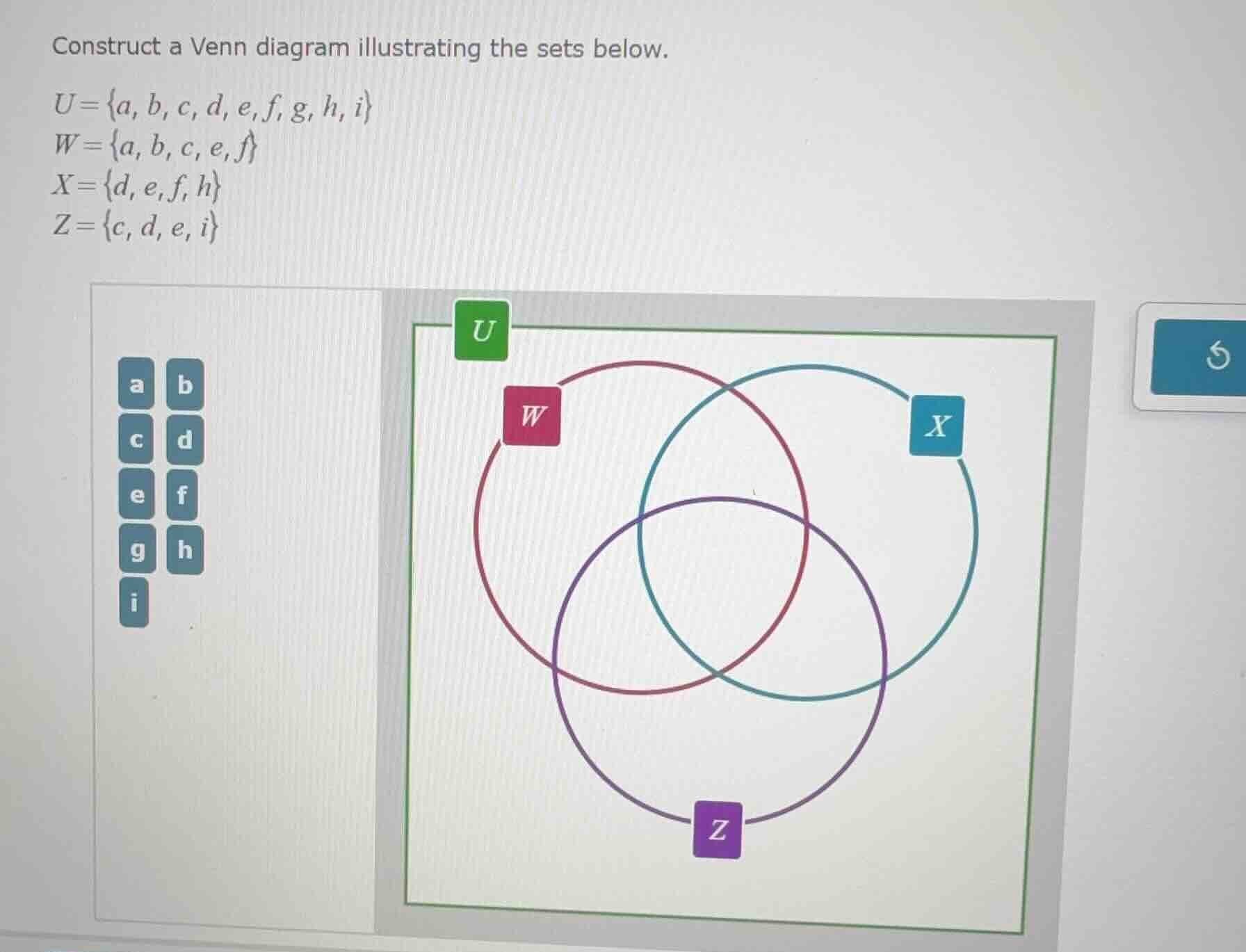 construct a venn diagram illustrating the sets below. $u=\\{a, b, c, d,…