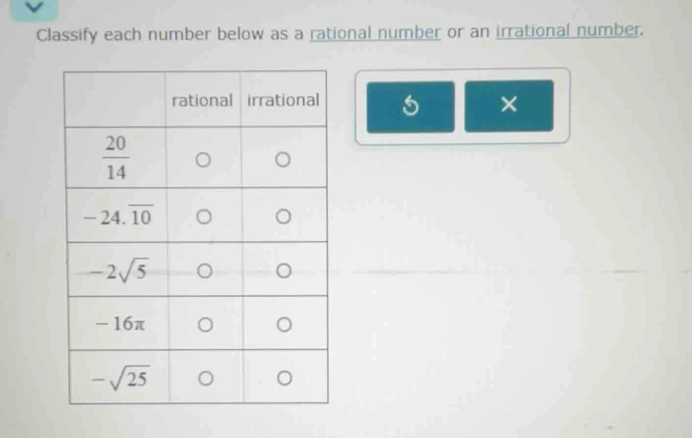 classify each number below as a rational number or an irrational number…