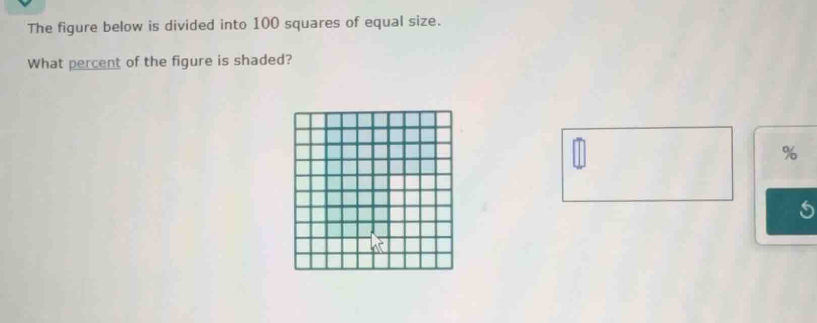 the figure below is divided into 100 squares of equal size. what percen…