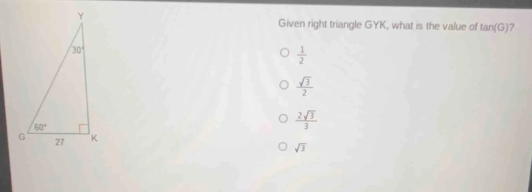 given right triangle gyk, what is the value of tan(g)? ○ \\(\\frac{1}{2…