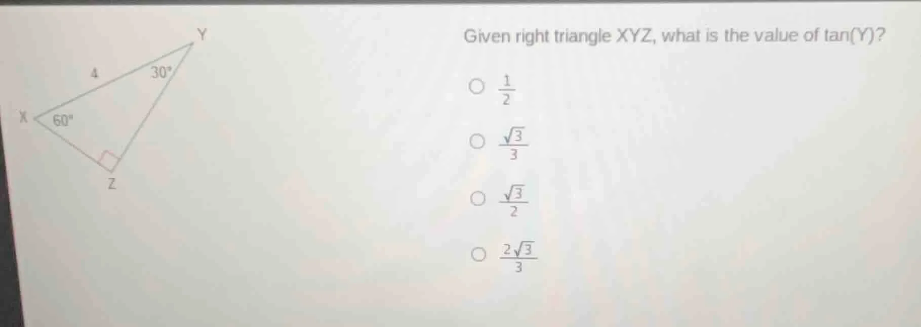 given right triangle xyz, what is the value of tan(y)? options: - $\fra…