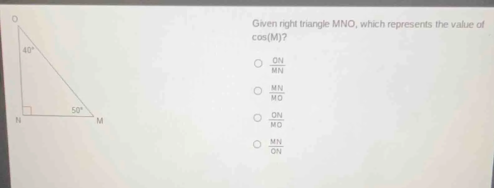 given right triangle mno, which represents the value of cos(m)? ○ \\(\f…