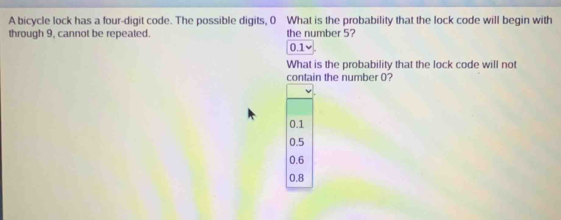 a bicycle lock has a four - digit code. the possible digits, 0 through …