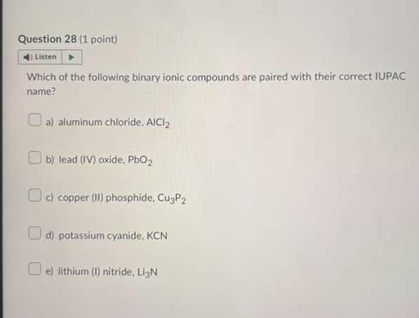 question 28 (1 point) listen which of the following binary ionic compou…