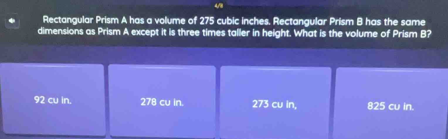 rectangular prism a has a volume of 275 cubic inches. rectangular prism…