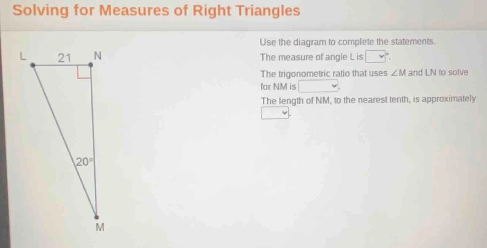solving for measures of right triangles use the diagram to complete the…