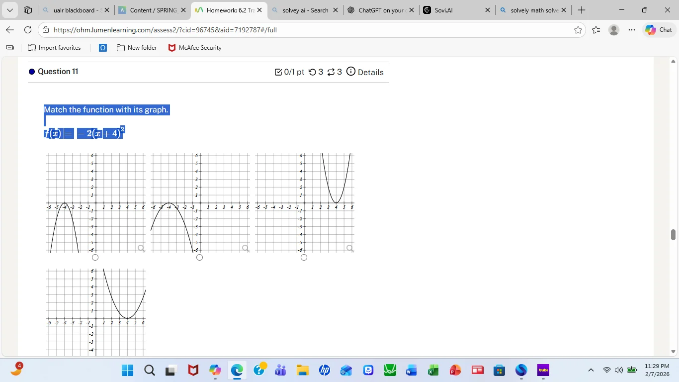 question 11 match the function with its graph. $f(x) = -2(x + 4)^2$