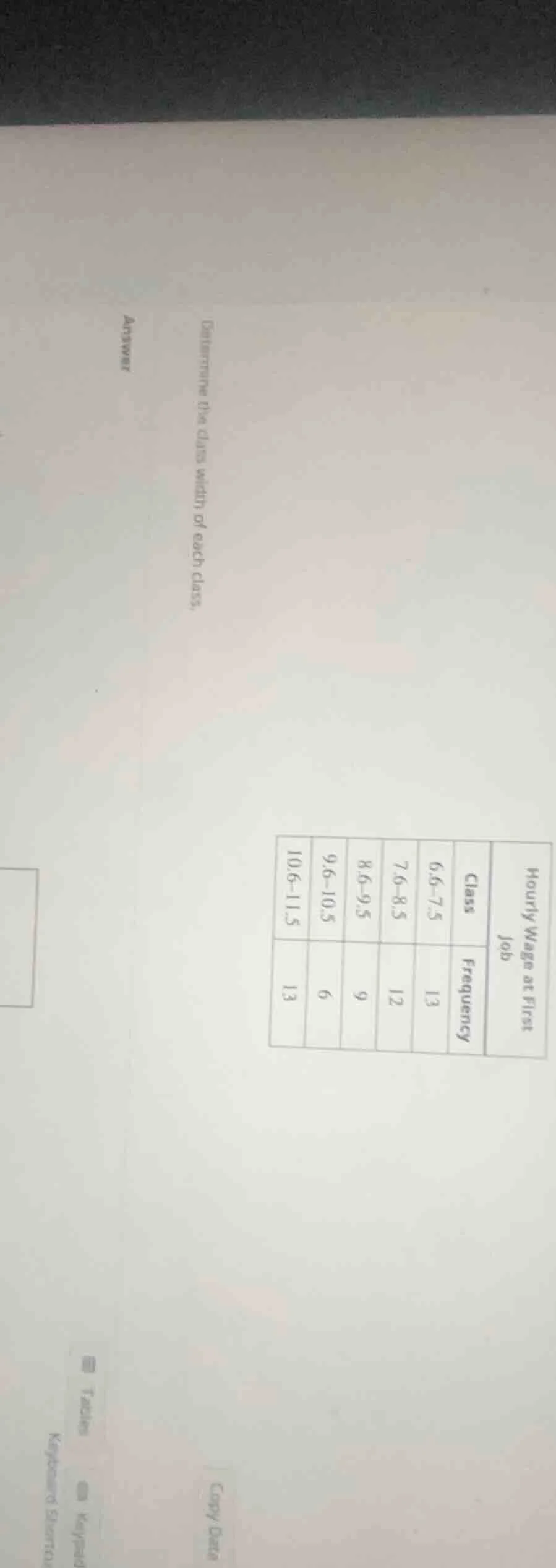 determine the class width of each class. hourly wage at first job class…