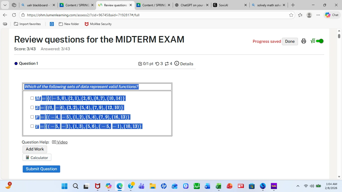 which of the following sets of data represent valid functions? m = {(-5…