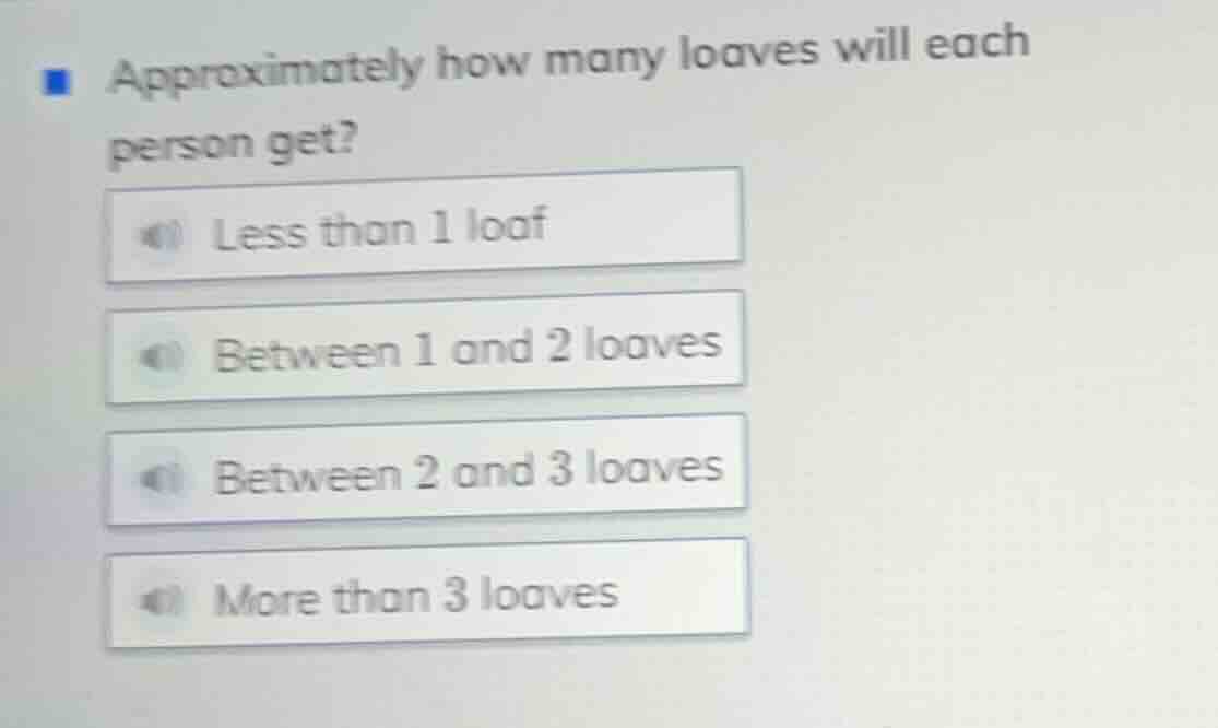 approximately how many loaves will each person get? less than 1 loaf be…