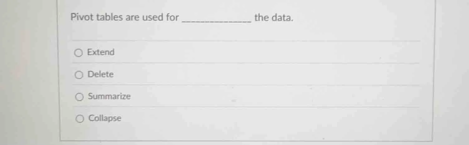 pivot tables are used for __________ the data. - extend - delete - summ…