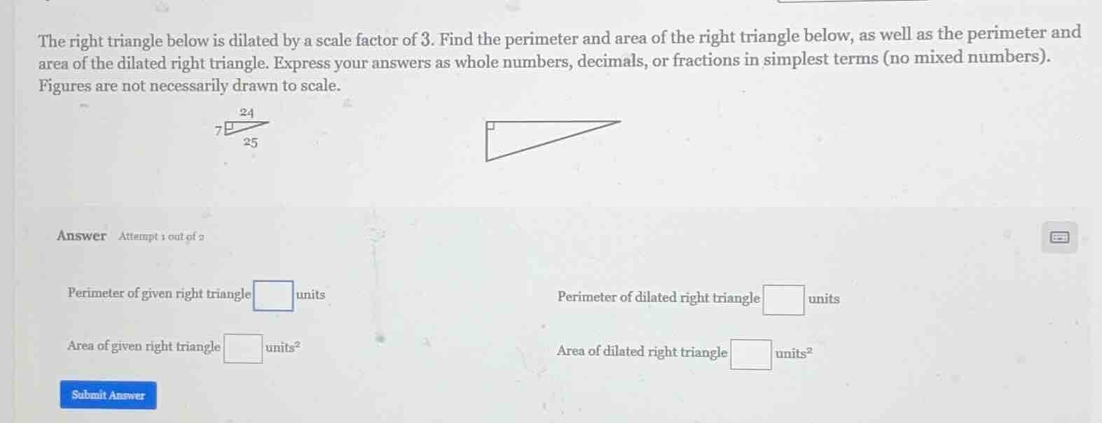 the right triangle below is dilated by a scale factor of 3. find the pe…