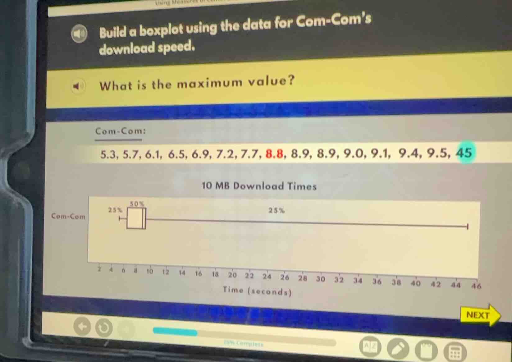 build a boxplot using the data for com-coms download speed. what is the…