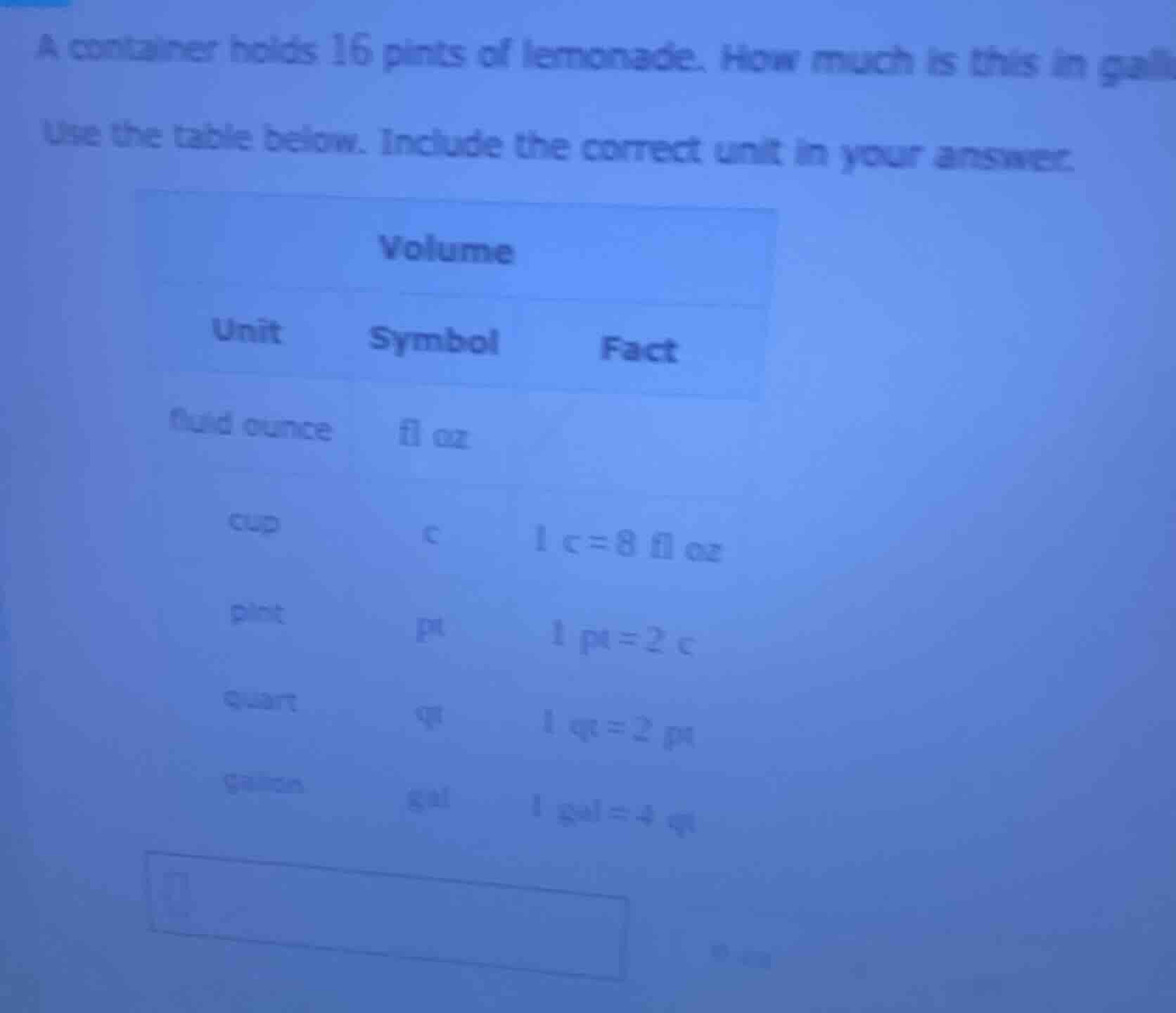 a container holds 16 pints of lemonade. how much is this in galli use t…