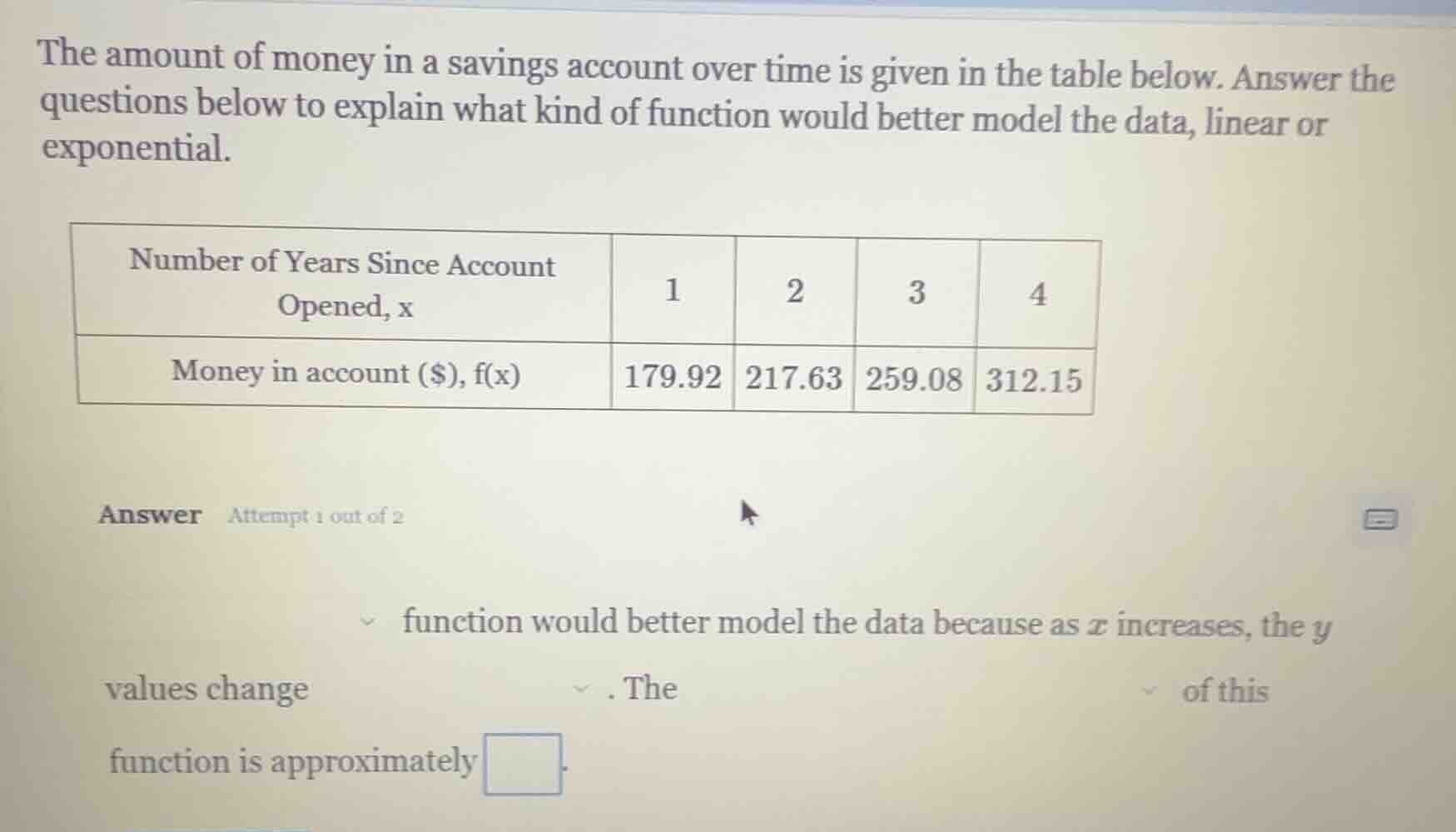 the amount of money in a savings account over time is given in the tabl…