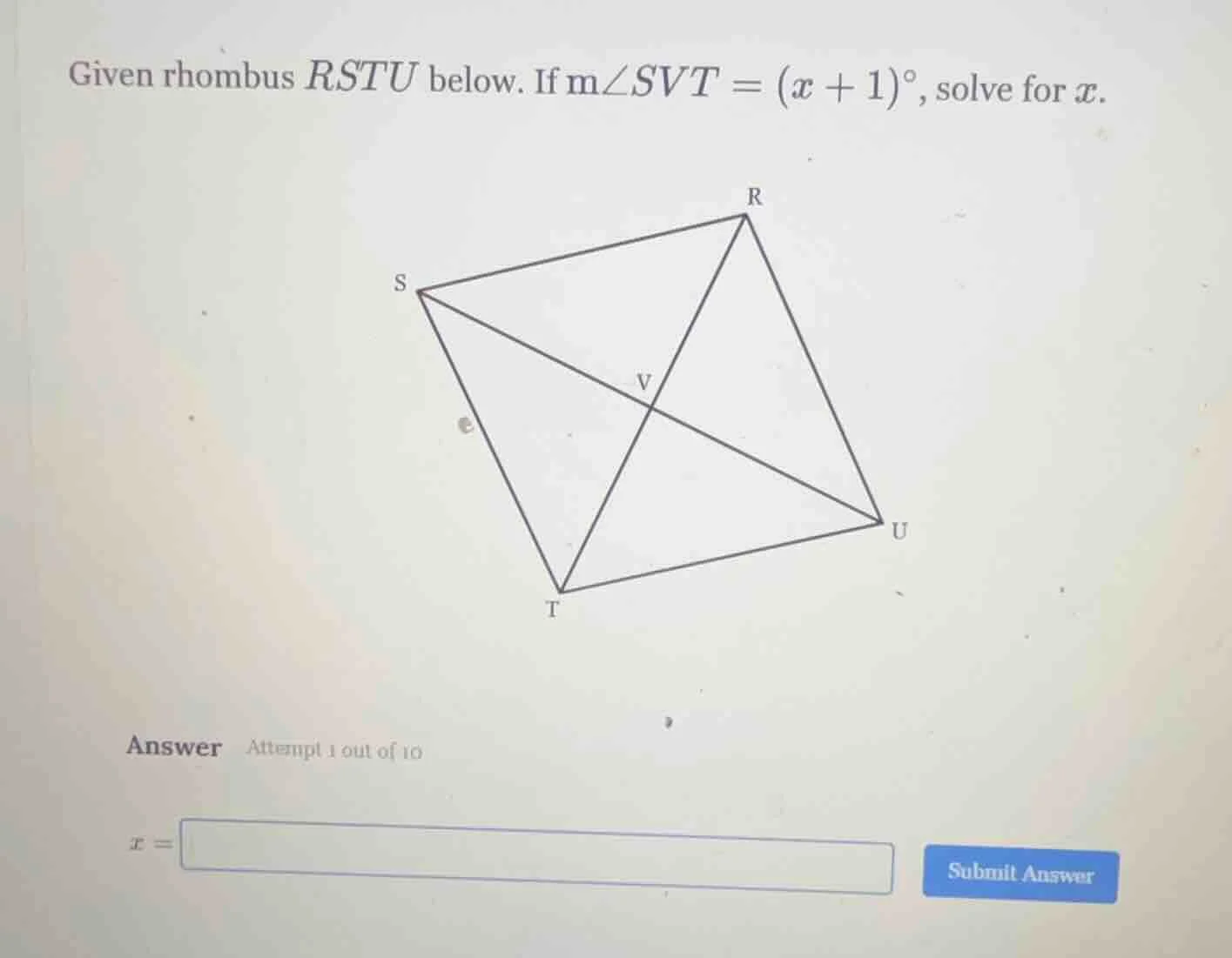 given rhombus rstu below. if \\(\\text{m}\\angle svt = (x + 1)\\degree\…