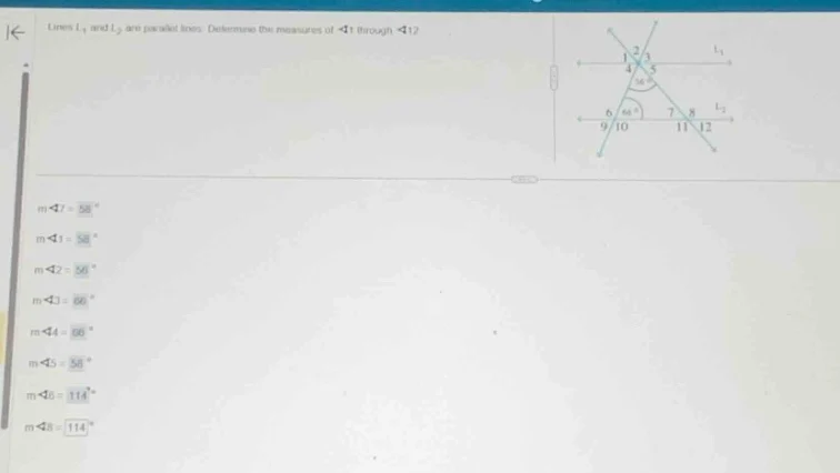 lines ( l_1 ), and ( l_2 ) are parallel lines. determine the measures o…