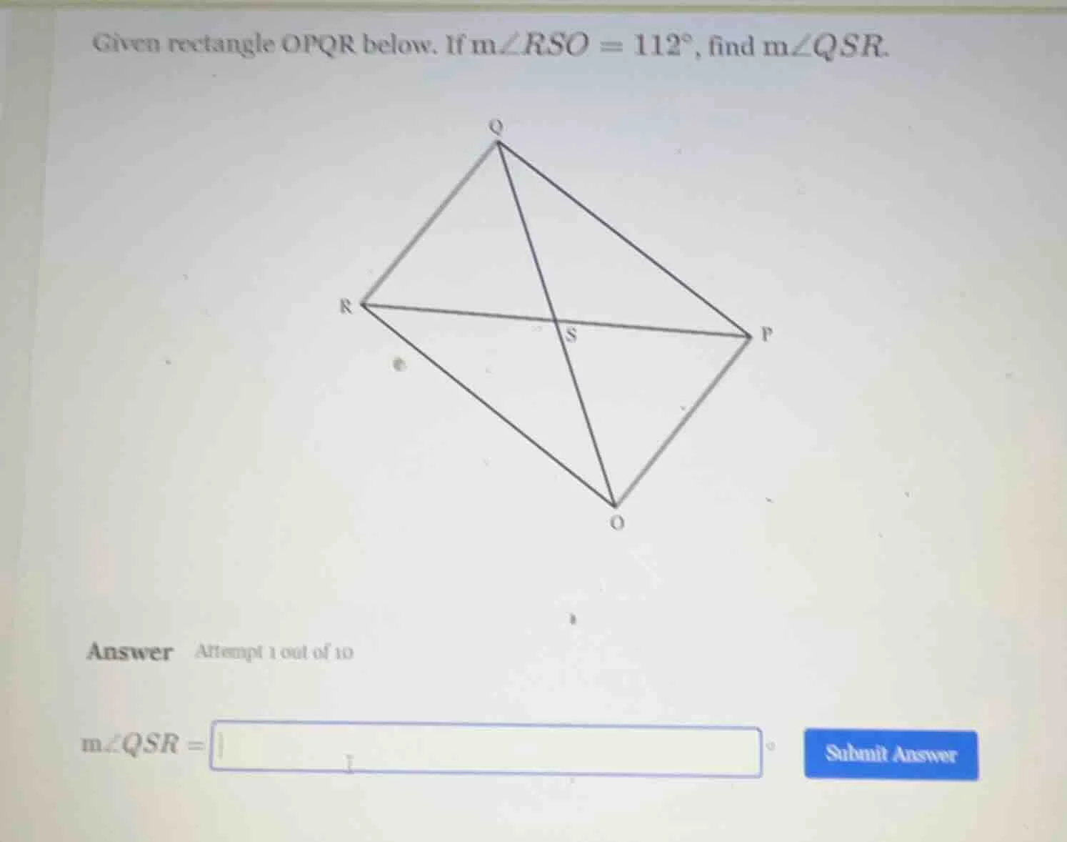 given rectangle opqr below. if ( mangle rso = 112^circ ), find ( mangle…