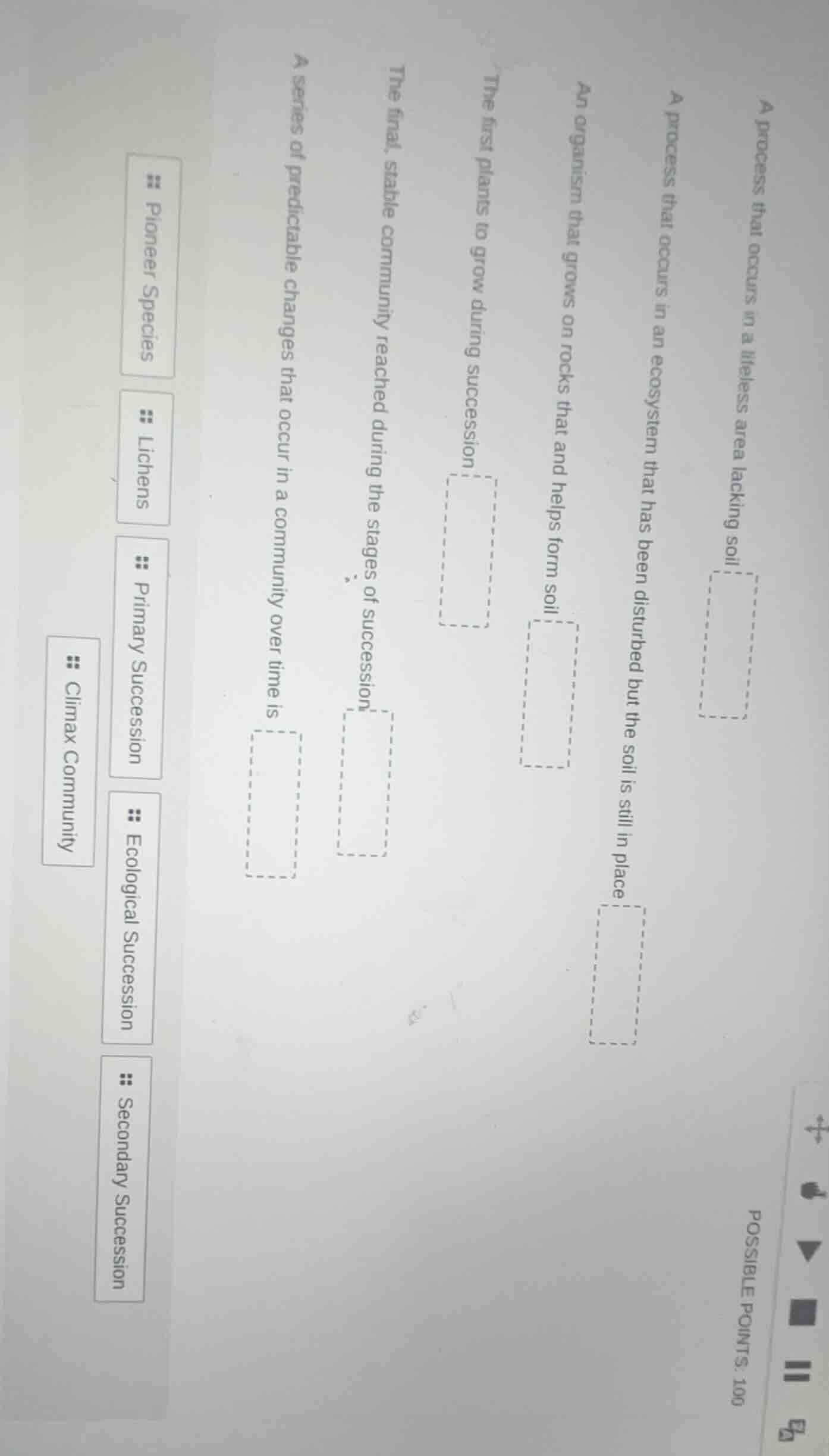 a process that occurs in a lifeless area lacking soil a process that oc…