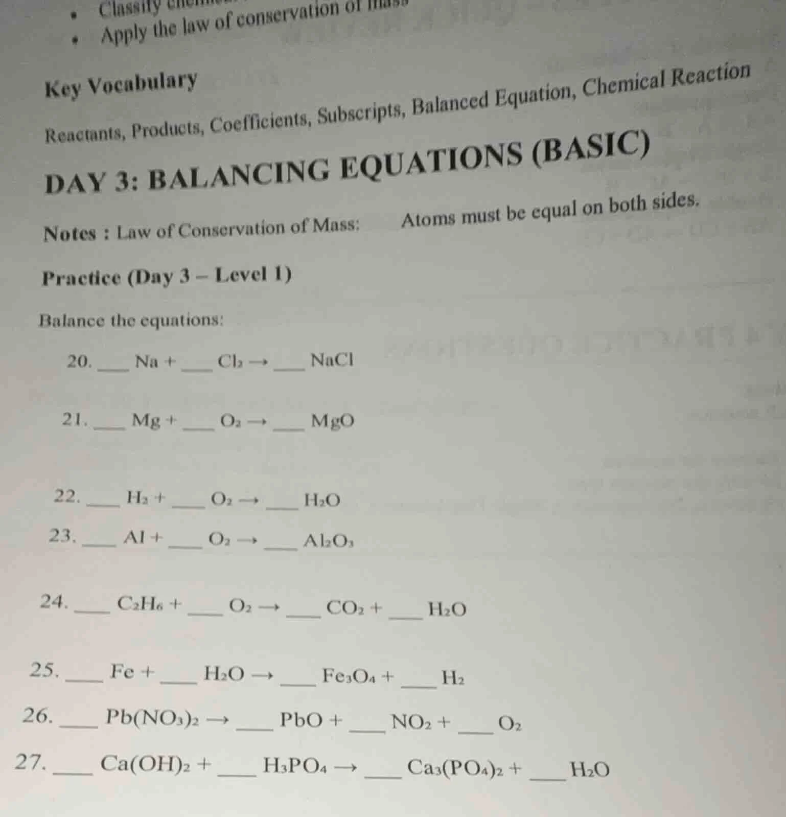 key vocabulary reactants, products, coefficients, subscripts, balanced …