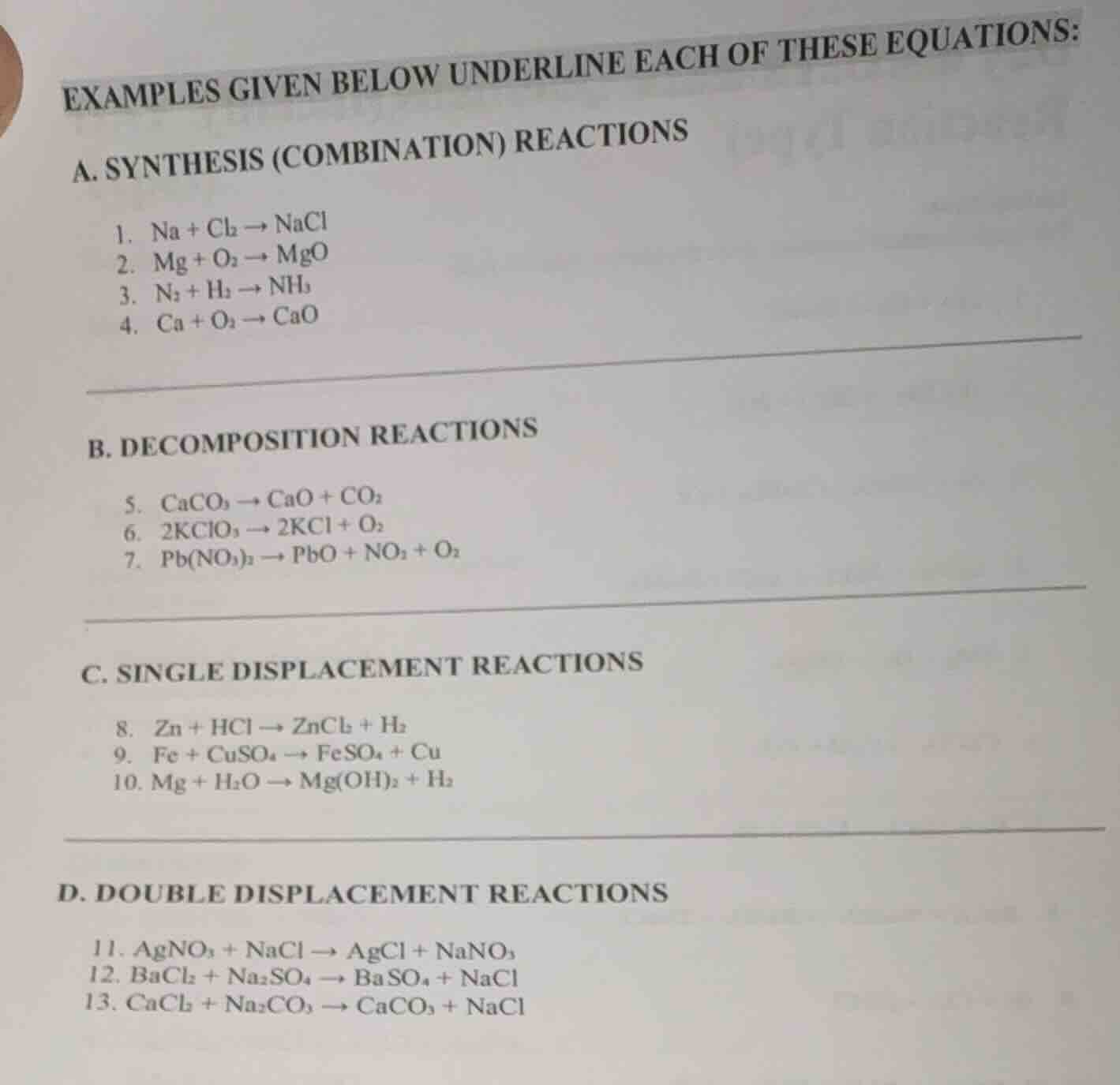 examples given below underline each of these equations: a. synthesis (c…